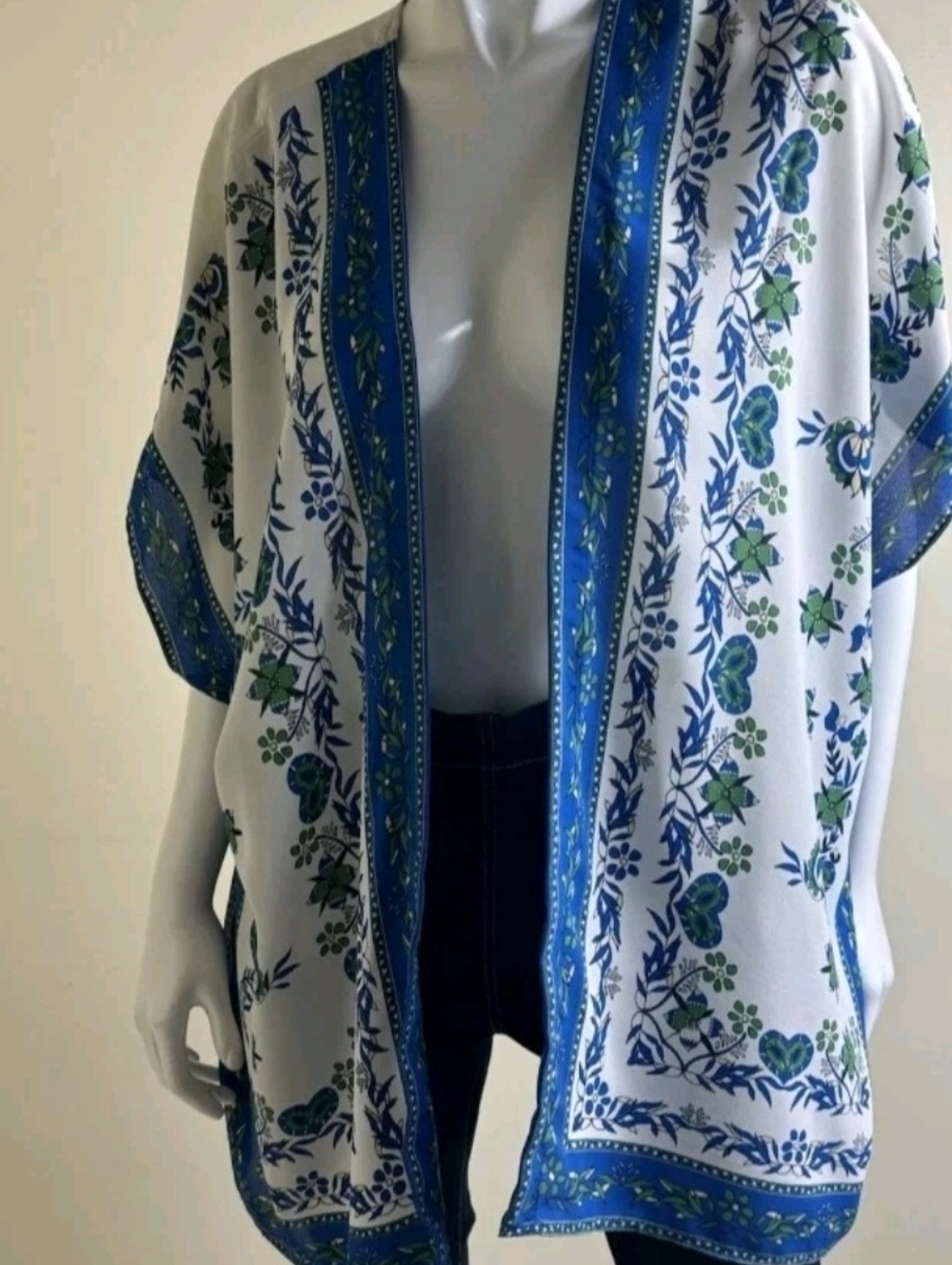 Max Studio White Floral Border Kimono in Blue & Green